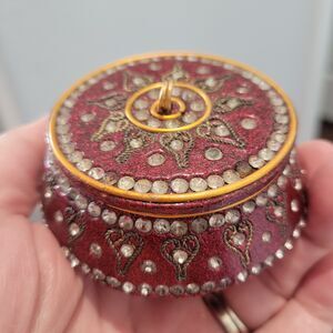 Vintage Pier 1 Jeweled Trinket Box Round Hexagon Jewelry Small 3x3x1 Maroon Boho